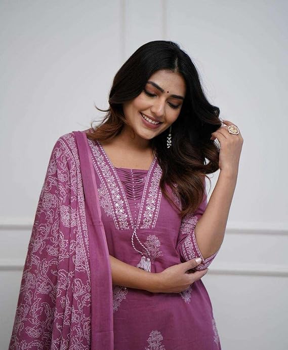 Women's Cotton Printed Straight Kurti with Pant and Dupatta Set