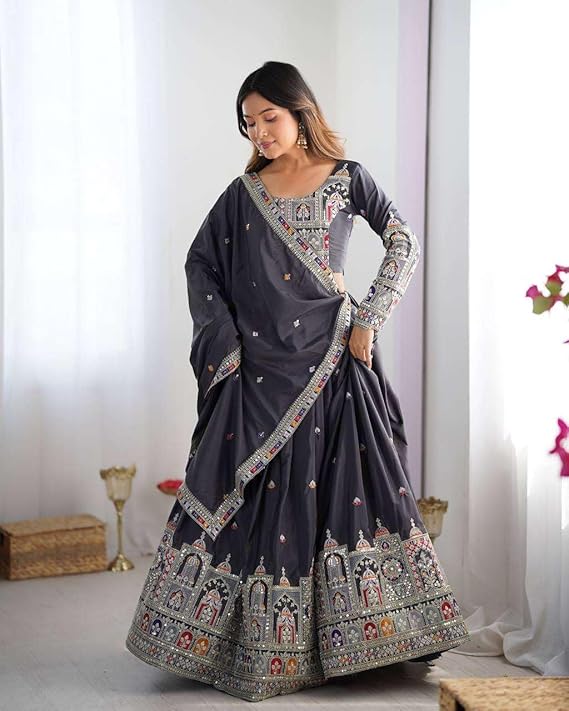 Teal Mirror Work Embroidered Lehenga Choli with Dupatta for Women | Festive & Wedding Wear