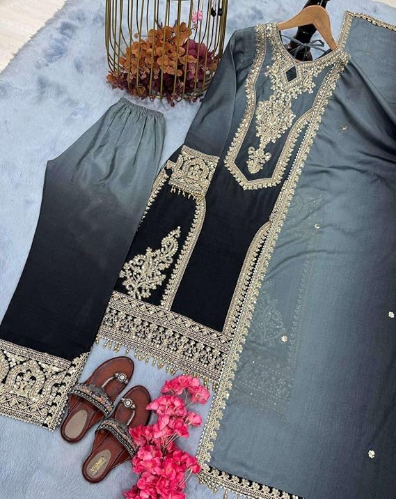 Women's Chinon Silk Embroidery Straight Kashmiri Salwar Suit with Dupatta | Elegant Ethnic Wear