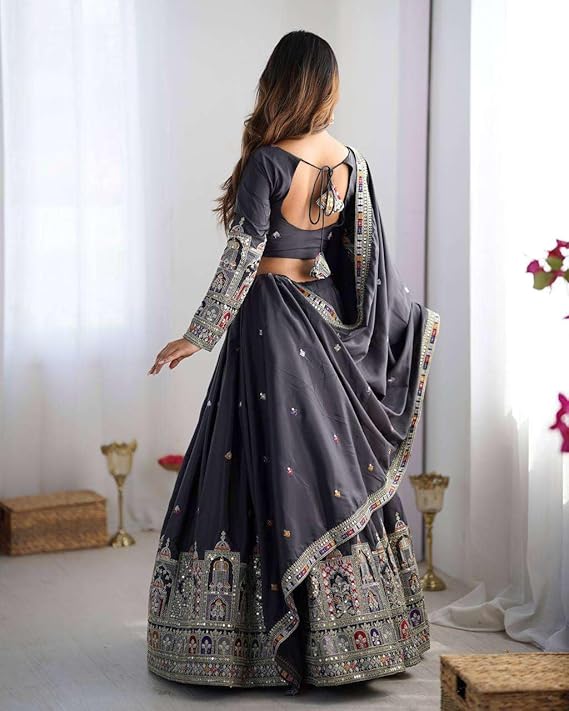 Teal Mirror Work Embroidered Lehenga Choli with Dupatta for Women | Festive & Wedding Wear