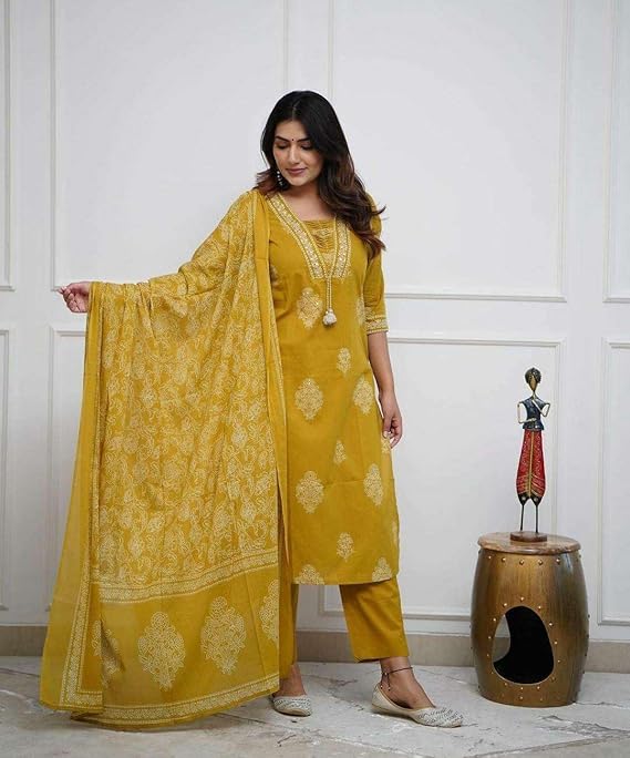Women's Cotton Printed Straight Kurti with Pant and Dupatta Set