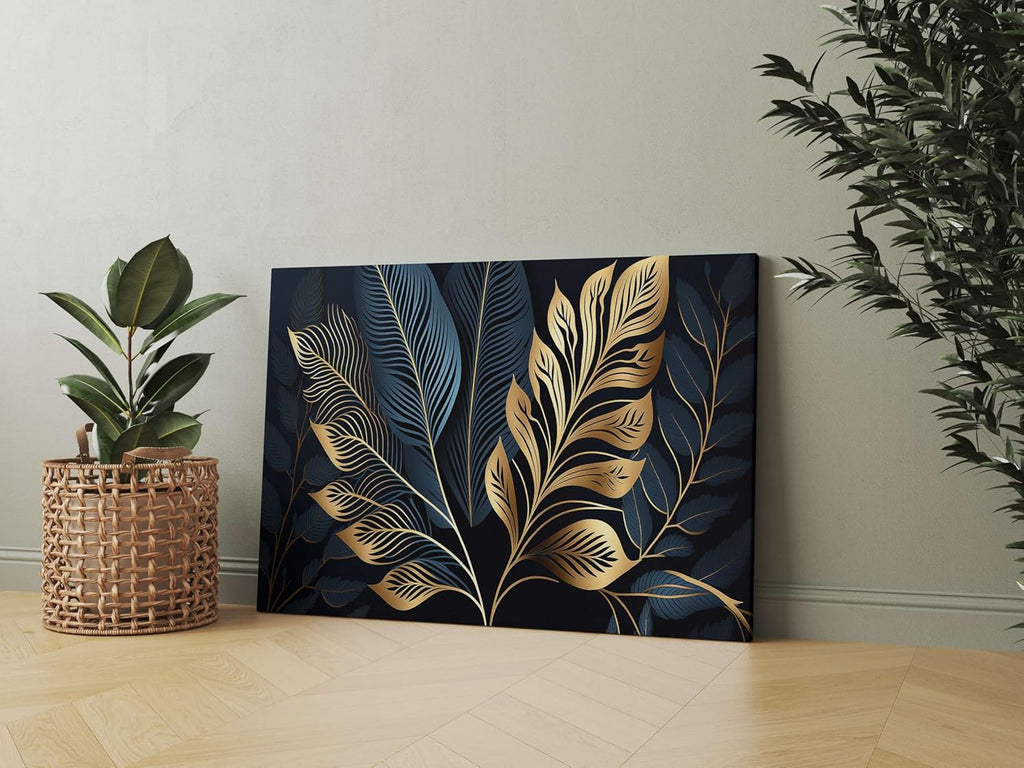 Golden Leaf Wall Art – Modern Canvas Painting for Living Room, Bedroom & Office & Hotels (22 inch x 16 inch CH-FLW-LDP22)