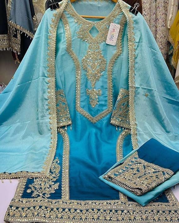 Women's Chinon Silk Embroidery Straight Kashmiri Salwar Suit with Dupatta | Elegant Ethnic Wear