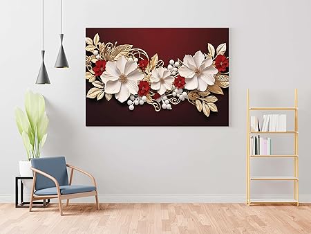 Red & White Floral Wall Art – Luxury Canvas Painting for Living Room, Bedroom & Office Décor (22 inch x 16 inch CH-MP-LDP4)