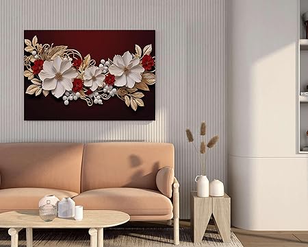 Red & White Floral Wall Art – Luxury Canvas Painting for Living Room, Bedroom & Office Décor (22 inch x 16 inch CH-MP-LDP4)