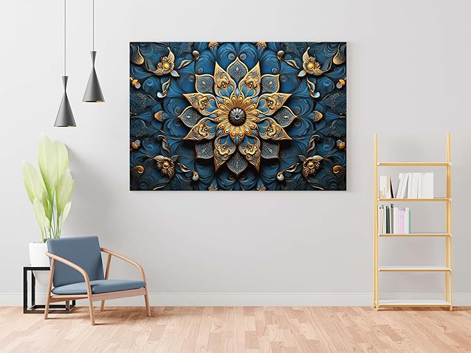 Golden Blue Mandala Wall Art – Luxury Abstract Canvas Painting for Living Room, Bedroom & Office Décor (22 inch x 16 inch CH-MP-LDP2)