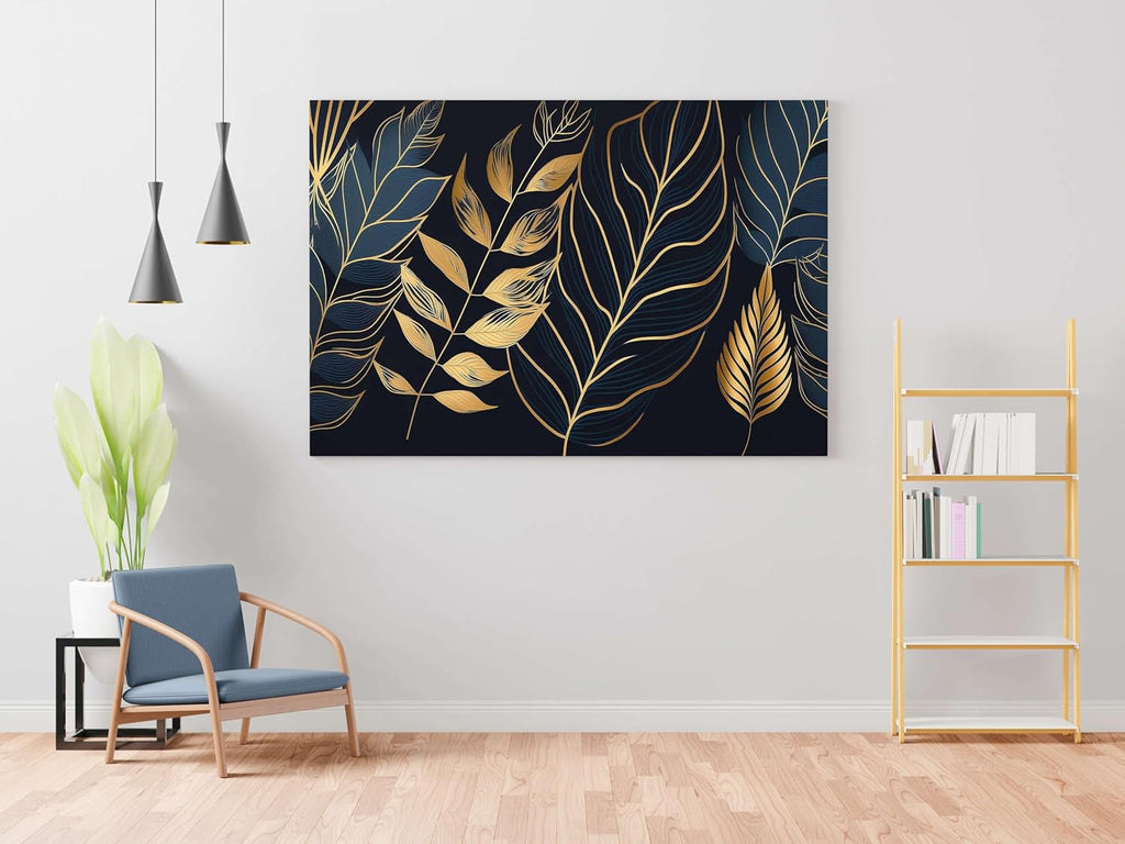 Golden Leaf Wall Art – Modern Canvas Painting for Living Room, Bedroom & Office & Hotels (22 inch x 16 inch CH-FLW-LDP23)