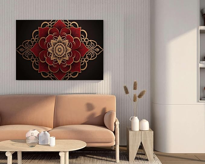 Red & Gold Mandala Wall Art – Luxury Canvas Painting for Living Room, Bedroom & Office Décor (22 inch x 16 inch CH-MP-LDP7)