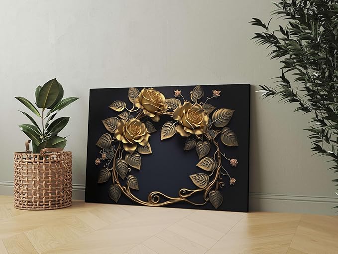 Golden Floral Wall Art Painting – Luxury 3D Canvas for Home & Living Room Décor
