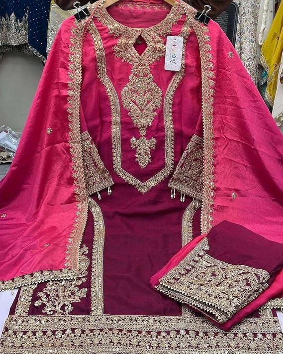 Women's Chinon Silk Embroidery Straight Kashmiri Salwar Suit with Dupatta | Elegant Ethnic Wear