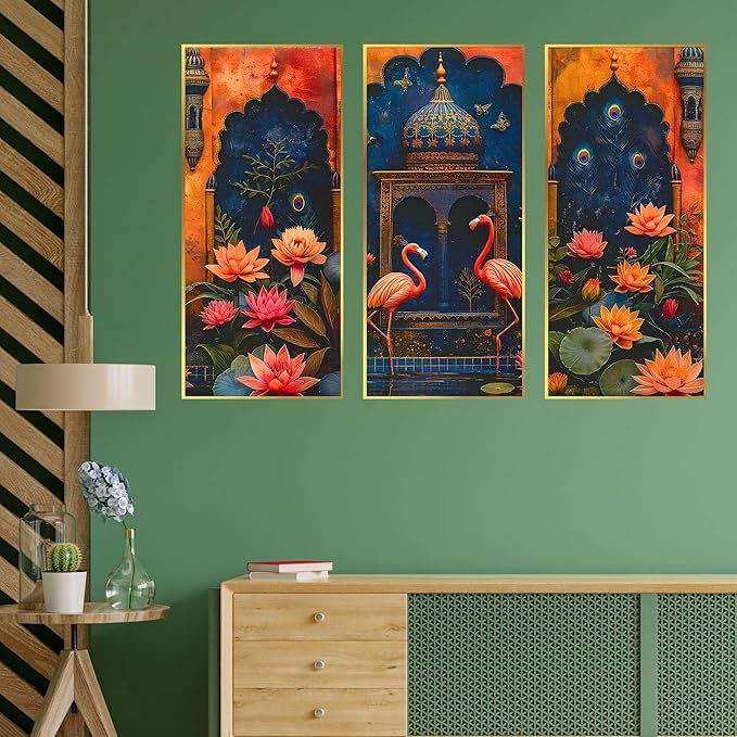 Set of Three large Wall Paintings for Wall Dacoration Golden Framed Wall Paintings for Living Room & Bedroom Wall Art for Home Decoration & Office Wall Décor (14x11 inch CH-LGD3-1)
