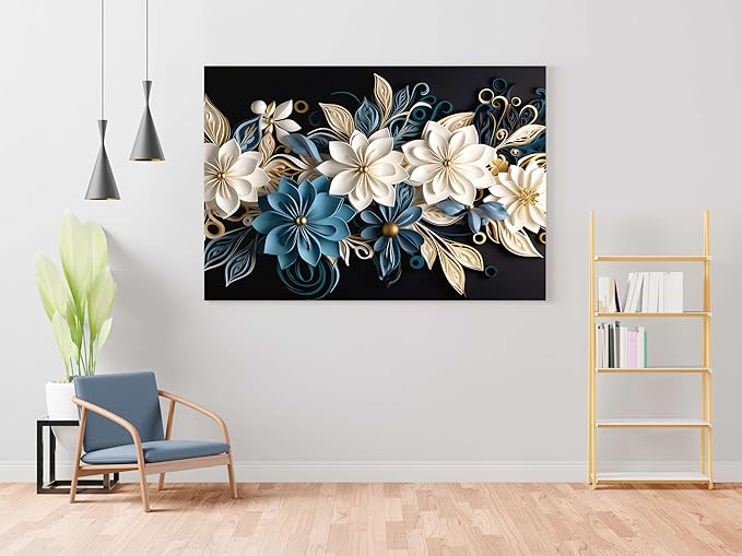 White & Blue Floral Wall Art – Luxury Canvas Painting for Living Room, Bedroom & Office Décor