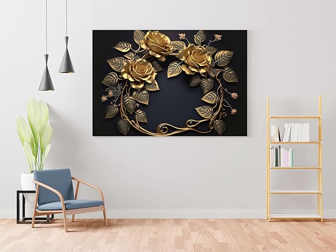Golden Floral Wall Art Painting – Luxury 3D Canvas for Home & Living Room Décor