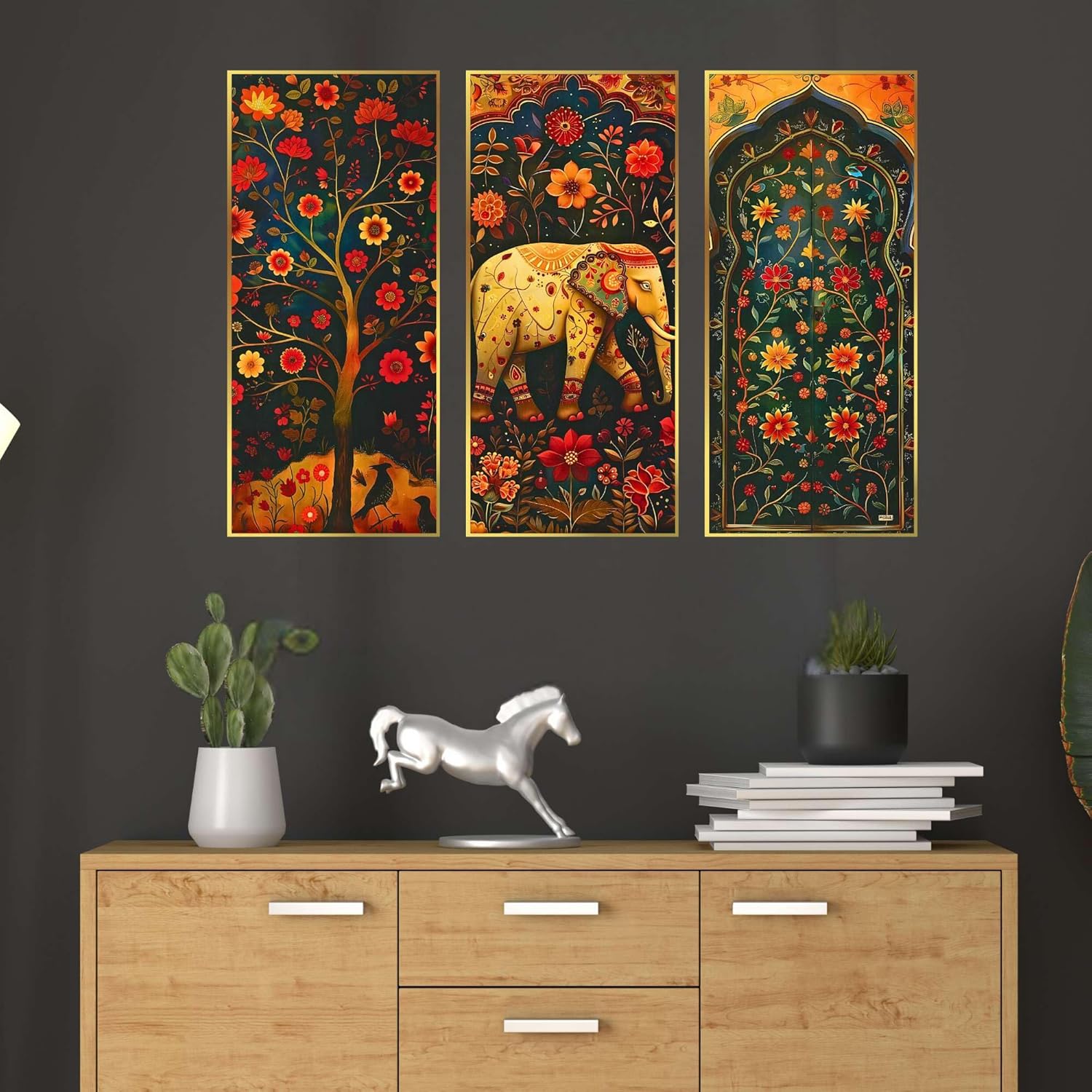 Set of Three large Wall Paintings for Wall Dacoration Golden Framed Wall Paintings for Living Room & Bedroom Wall Art for Home Decoration & Office Wall Décor (14x11 inch CH-LGD3-3)