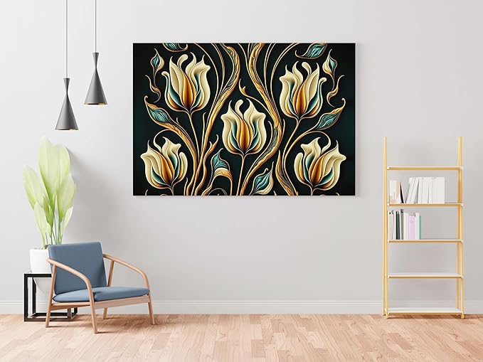 Tulip Flower Wall Art Painting – Elegant Golden Canvas for Home, Office & Hotel Decoration (22 inch x 16 inch CH-FLW-LDP6)