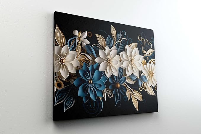 White & Blue Floral Wall Art – Luxury Canvas Painting for Living Room, Bedroom & Office Décor