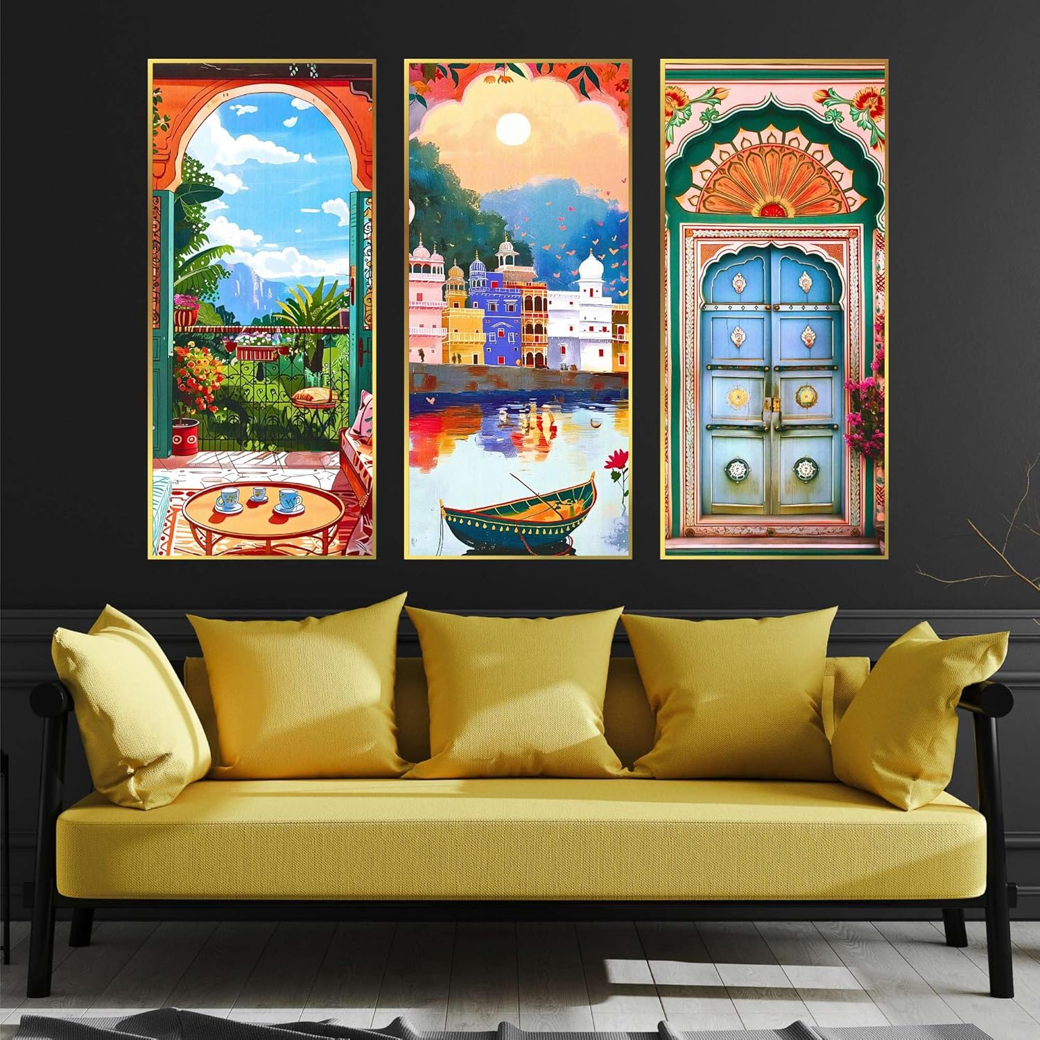 Set of Three large Wall Paintings for Wall Dacoration Golden Framed Wall Paintings for Living Room & Bedroom Wall Art for Home Decoration & Office...