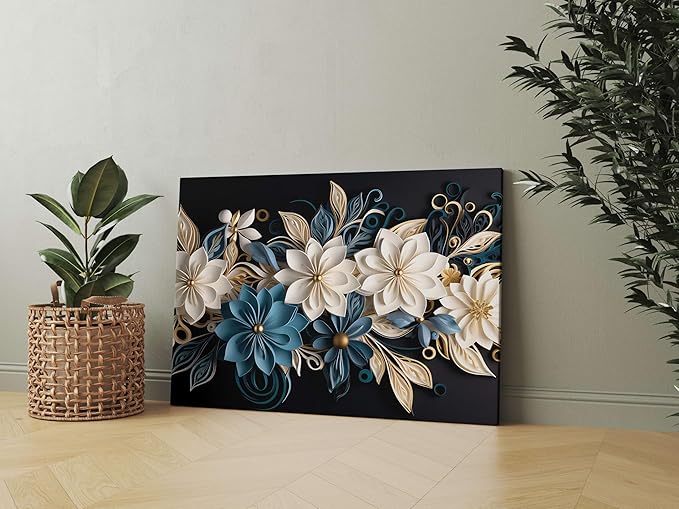 White & Blue Floral Wall Art – Luxury Canvas Painting for Living Room, Bedroom & Office Décor
