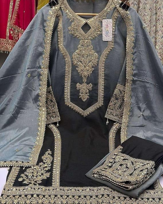 Women's Chinon Silk Embroidery Straight Kashmiri Salwar Suit with Dupatta | Elegant Ethnic Wear