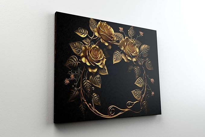 Golden Floral Wall Art Painting – Luxury 3D Canvas for Home & Living Room Décor