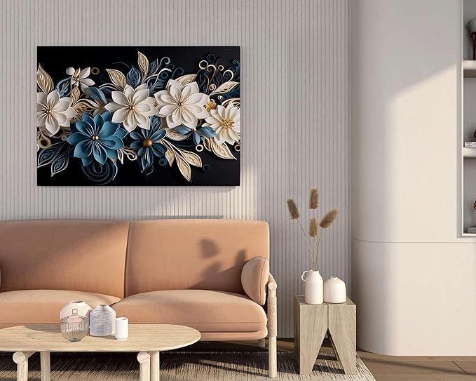 White & Blue Floral Wall Art – Luxury Canvas Painting for Living Room, Bedroom & Office Décor
