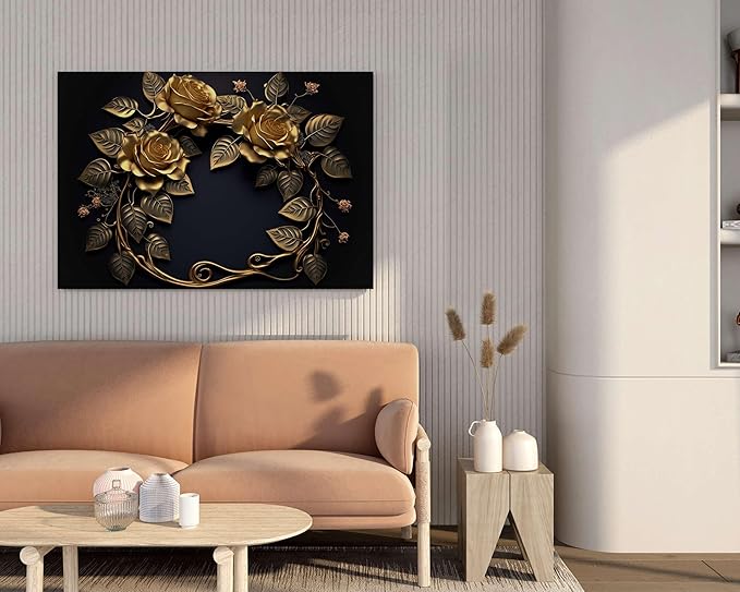 Golden Floral Wall Art Painting – Luxury 3D Canvas for Home & Living Room Décor