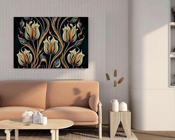 Tulip Flower Wall Art Painting – Elegant Golden Canvas for Home, Office & Hotel Decoration (22 inch x 16 inch CH-FLW-LDP6)