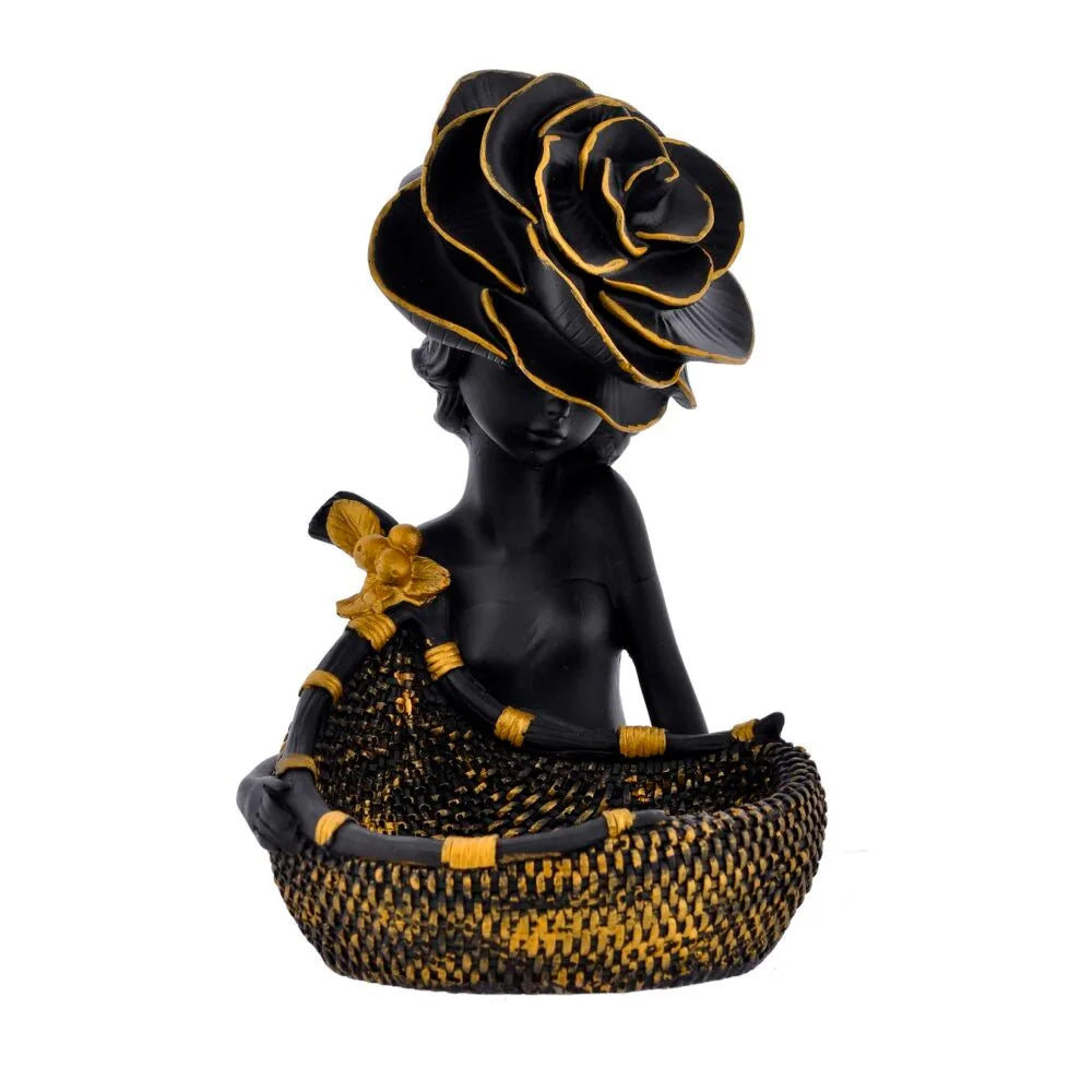 Black & Gold Girl with Flower Hat Decorative Basket – Resin Home Decor Showpiece and Table Centerpiece Gift