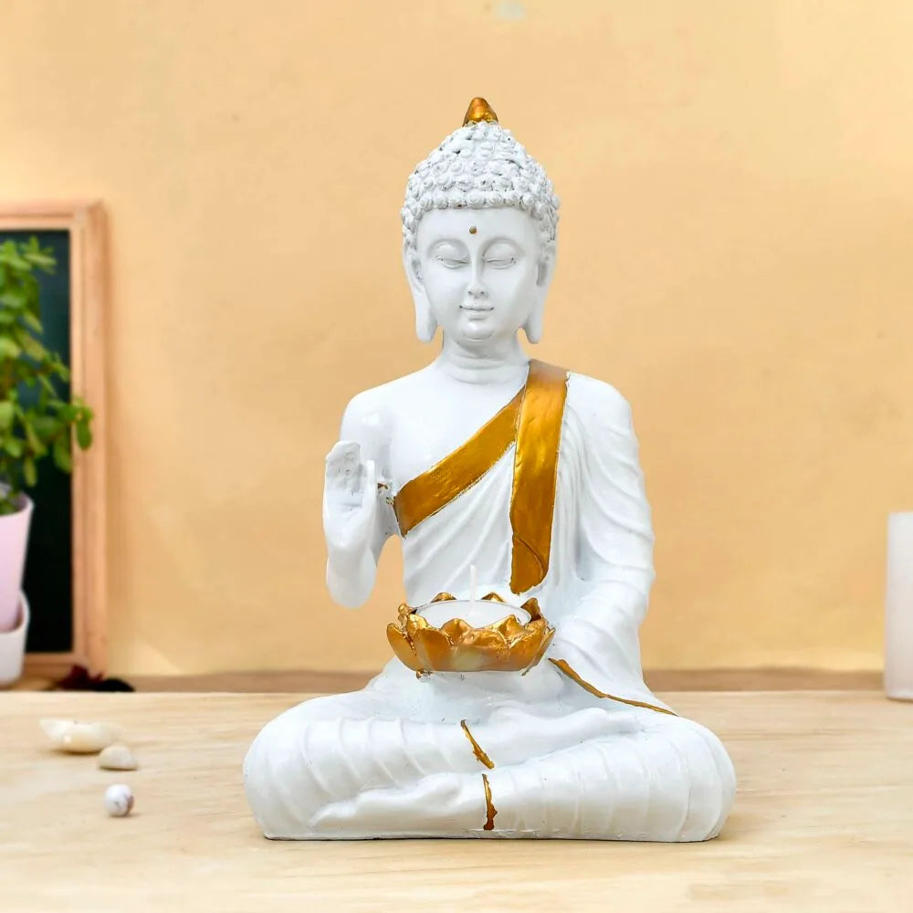 White & Gold Meditating Buddha Idol – Resin Home Decor Showpiece for Pooja Room, Meditation Space, and Diwali Gift