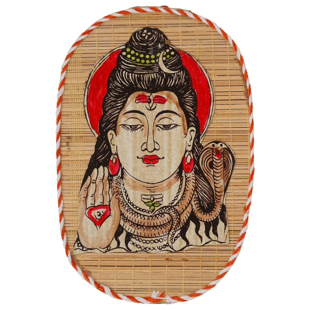 Hand-Painted Shiva Wall Hanging – Lord Shiva Face Bamboo Decor (18×11.5 cm)