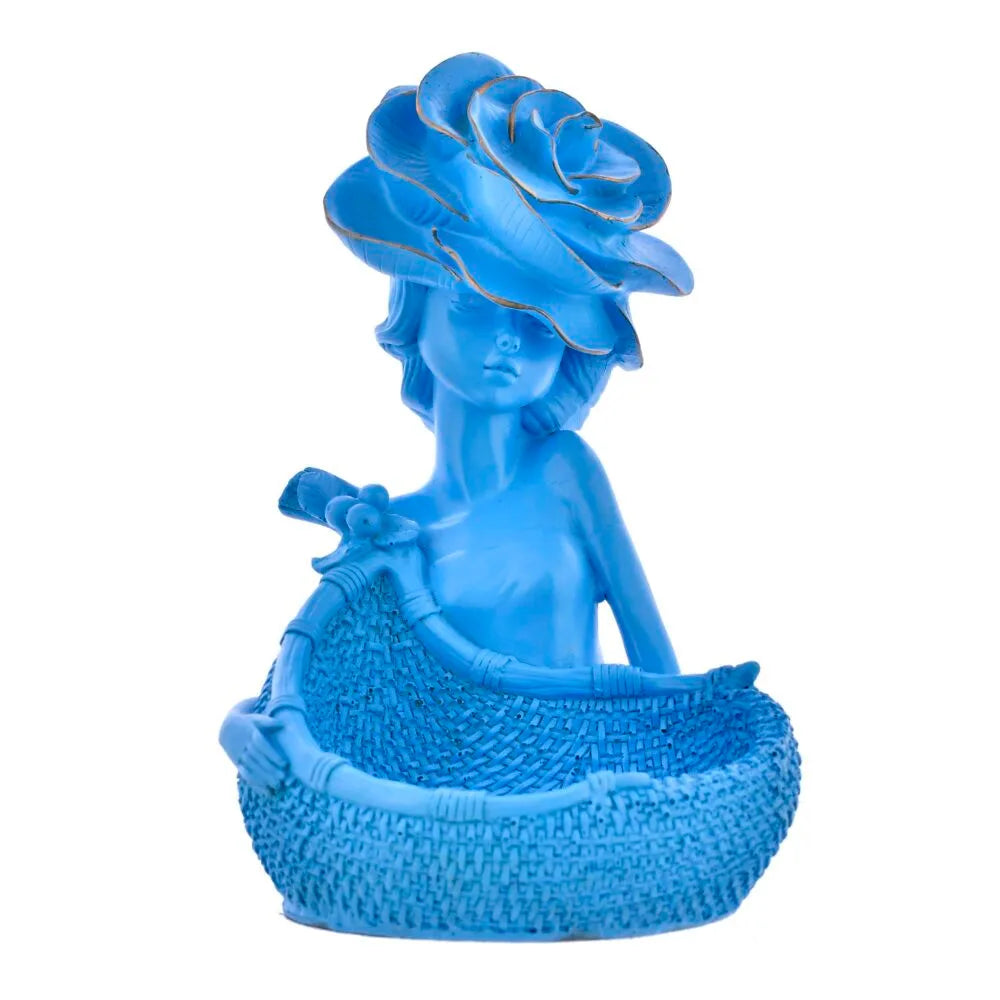 Blue Girl with Flower Hat Decorative Basket – Resin Home Decor Showpiece & Table Centerpiece Gift