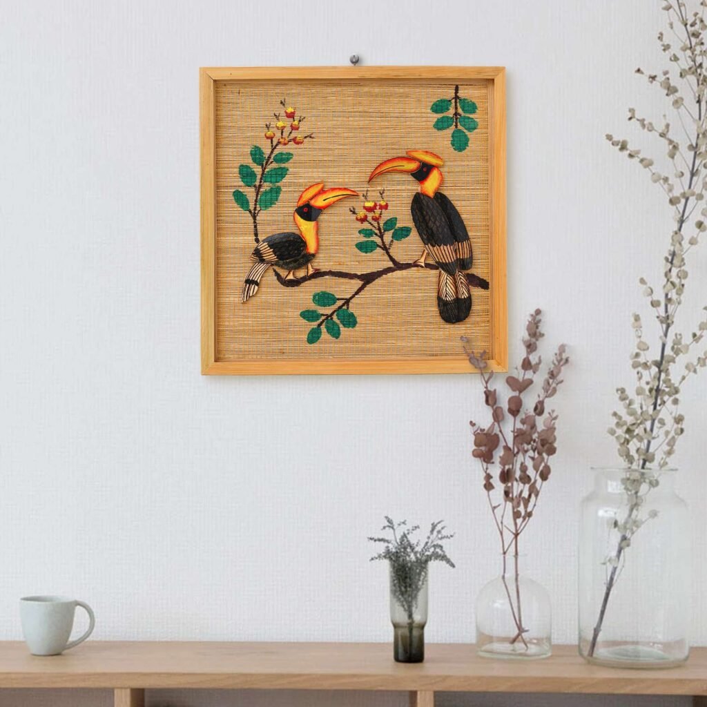Hand-Painted Hornbill Bamboo Wall Art – Framed Bird Wall Decor (12x12 in)