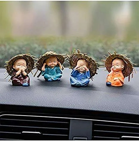 Set of 4 Laughing Monk Figurines with Bamboo Hat – Feng Shui Showpiece & Diwali Home Décor Gift