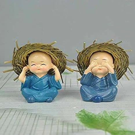 Set of 4 Laughing Monk Figurines with Bamboo Hat – Feng Shui Showpiece & Diwali Home Décor Gift