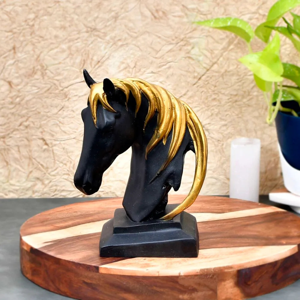 Black & Gold Horse Head Showpiece – Resin Home Decor Statue for Table Centerpiece and Office Desk Decoration