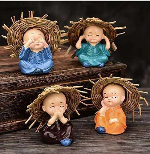Set of 4 Laughing Monk Figurines with Bamboo Hat – Feng Shui Showpiece & Diwali Home Décor Gift