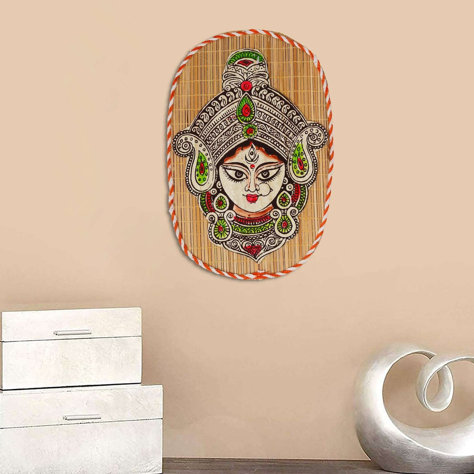 Hand-Painted Durga Wall Hanging – Bamboo Goddess Durga Face Folk Art