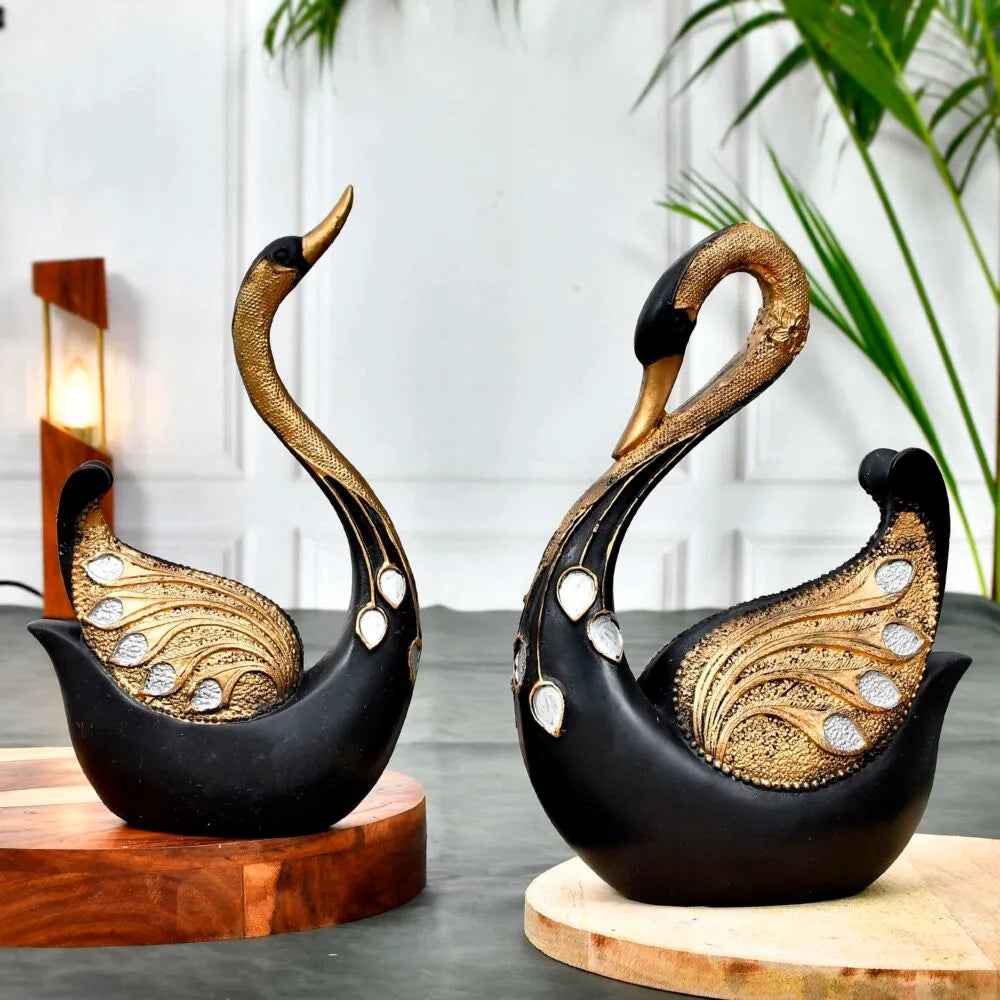 Black & Gold Swan Couple Showpiece – Luxury Romantic Home & Wedding Décor