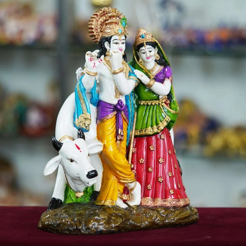 Radha Krishna Idol with Cow – Divine Murti for Home Temple, Puja & Festive Décor