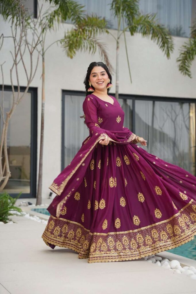 Women’s Ethnic Anarkali Style Floor-Length Gown in Magenta with Golden Zari Embroidery – Festive & Wedding Wear