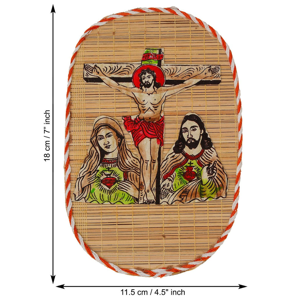 Hand-Painted Crucifix Bamboo Wall Hanging – Jesus, Mary & Sacred Heart Decor