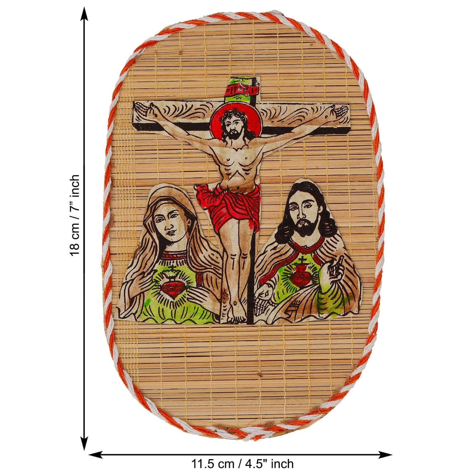 Hand-Painted Crucifix Bamboo Wall Hanging – Jesus, Mary & Sacred Heart Decor