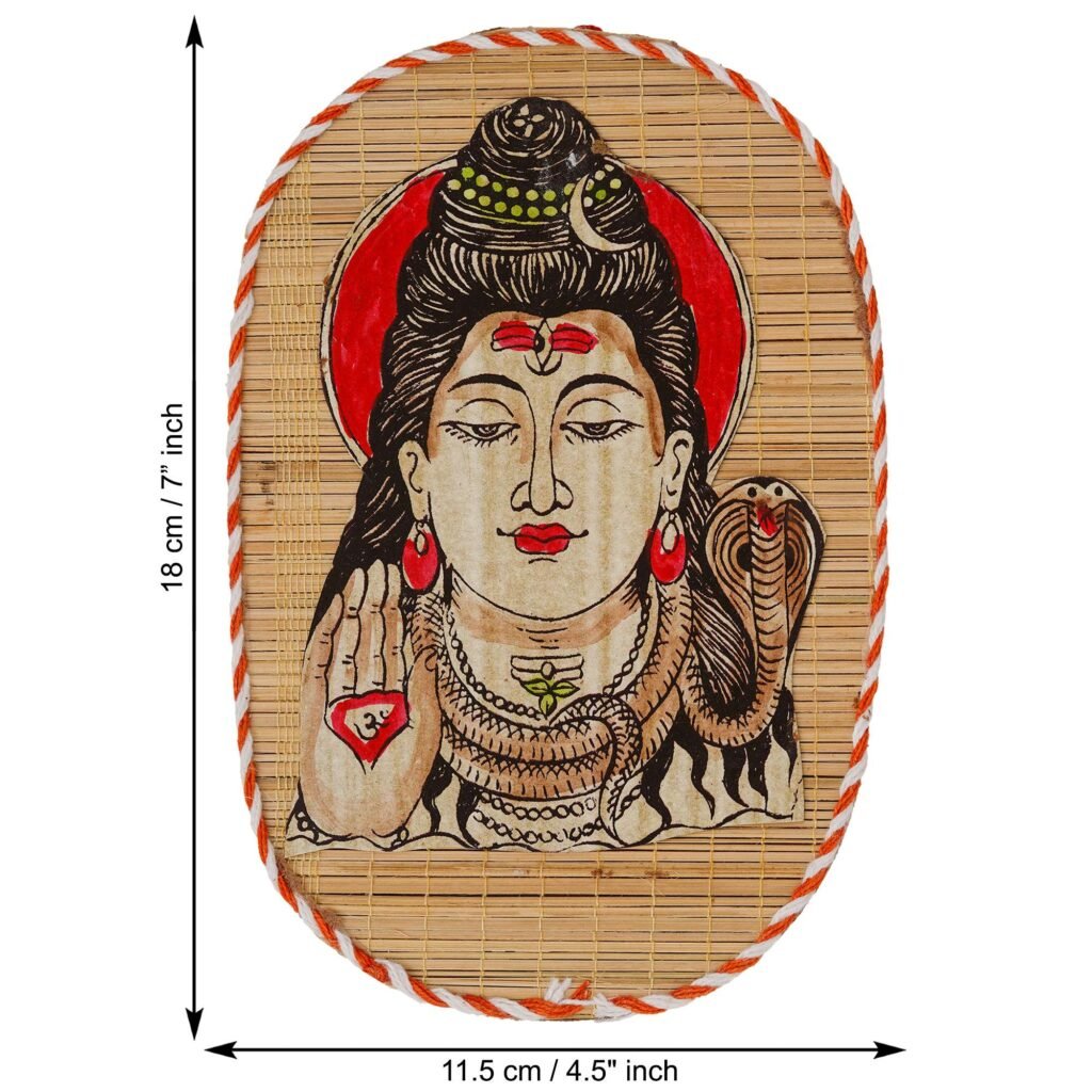 Hand-Painted Shiva Wall Hanging – Lord Shiva Face Bamboo Decor (18×11.5 cm)