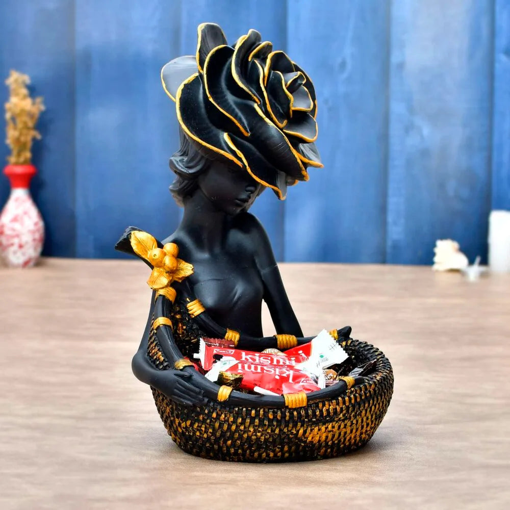 Black & Gold Girl with Flower Hat Decorative Basket – Resin Home Decor Showpiece and Table Centerpiece Gift
