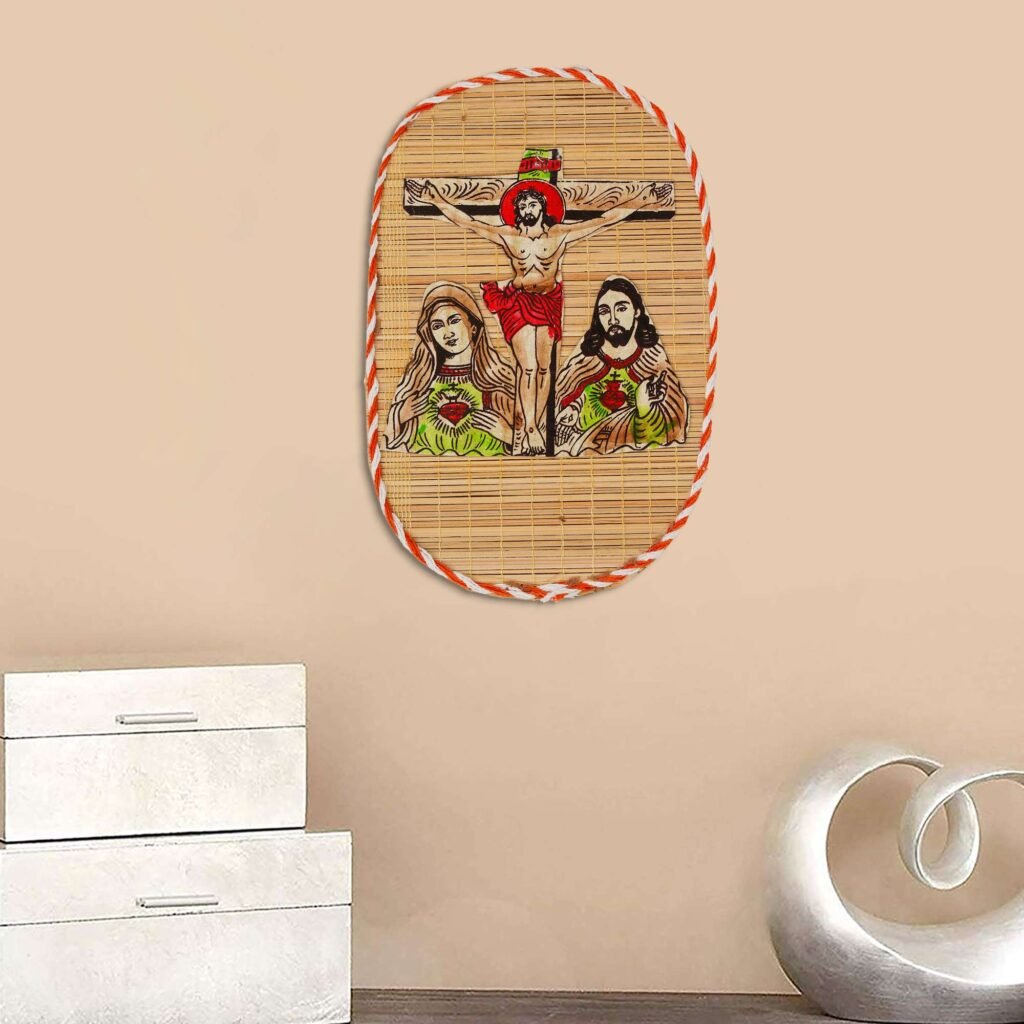Hand-Painted Crucifix Bamboo Wall Hanging – Jesus, Mary & Sacred Heart Decor