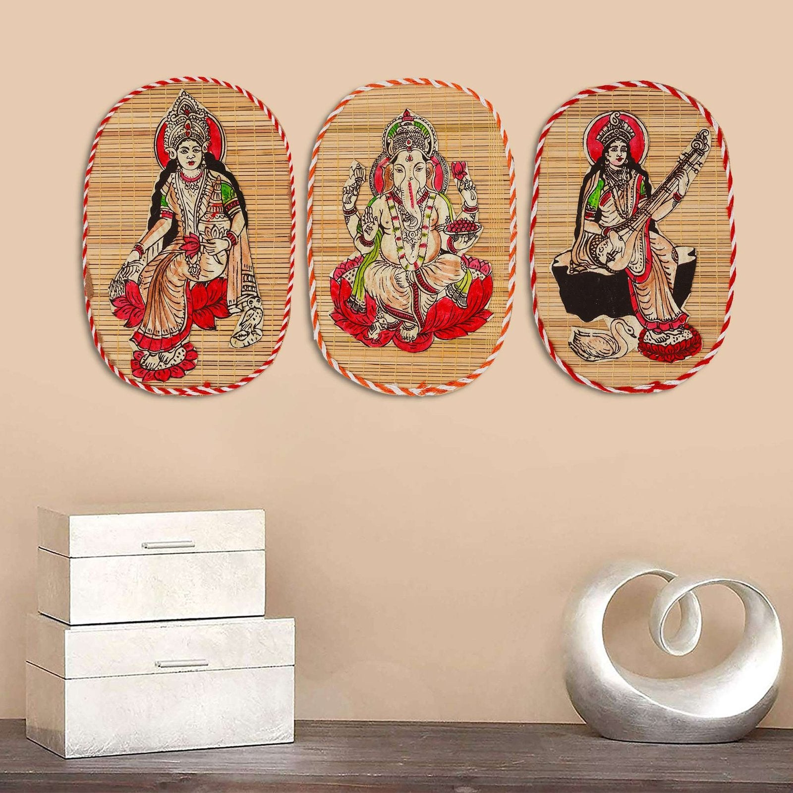 Lakshmi Ganesh Saraswati Bamboo Wall Hanging Set – Hand-Painted Folk Art Decor