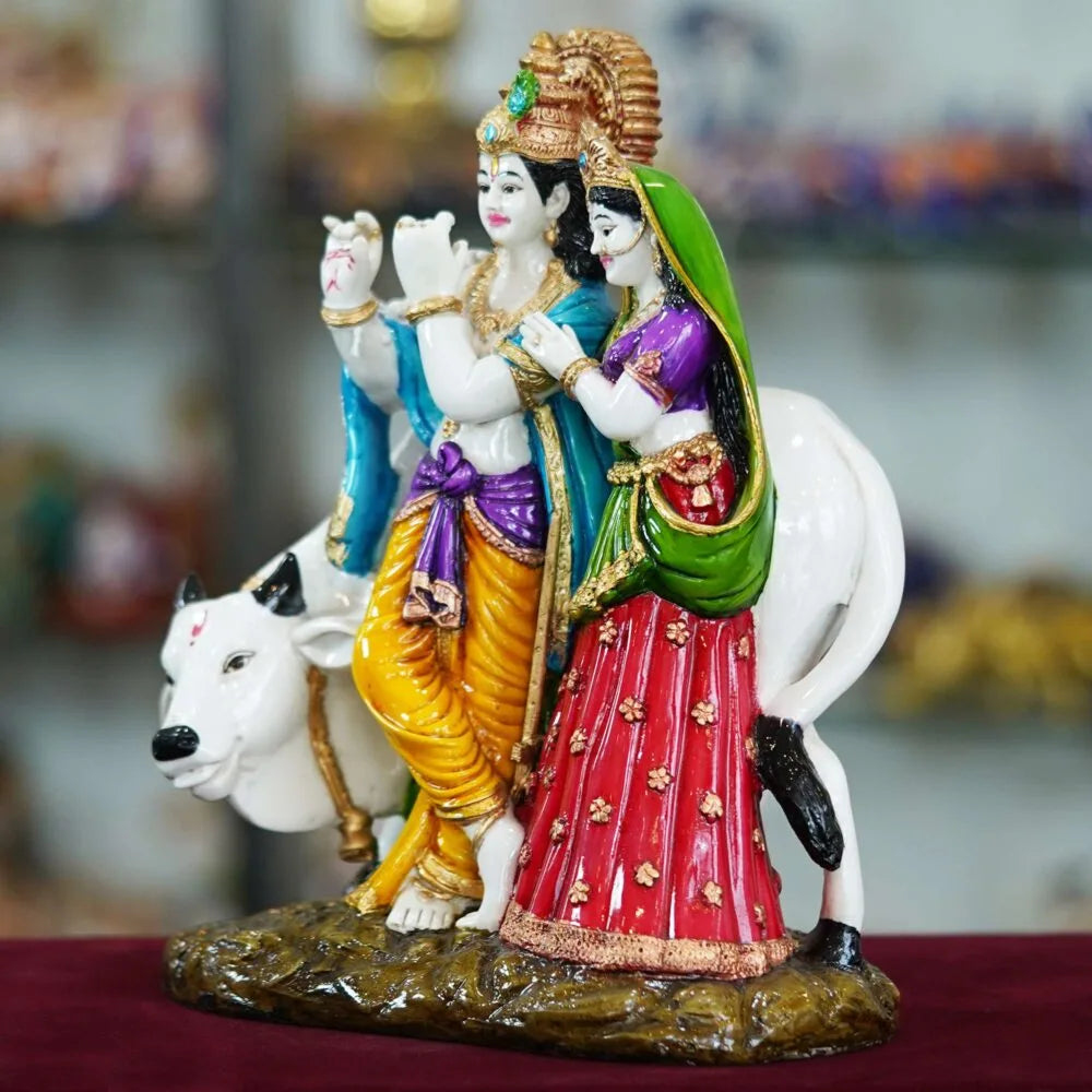 Radha Krishna Idol with Cow – Divine Murti for Home Temple, Puja & Festive Décor