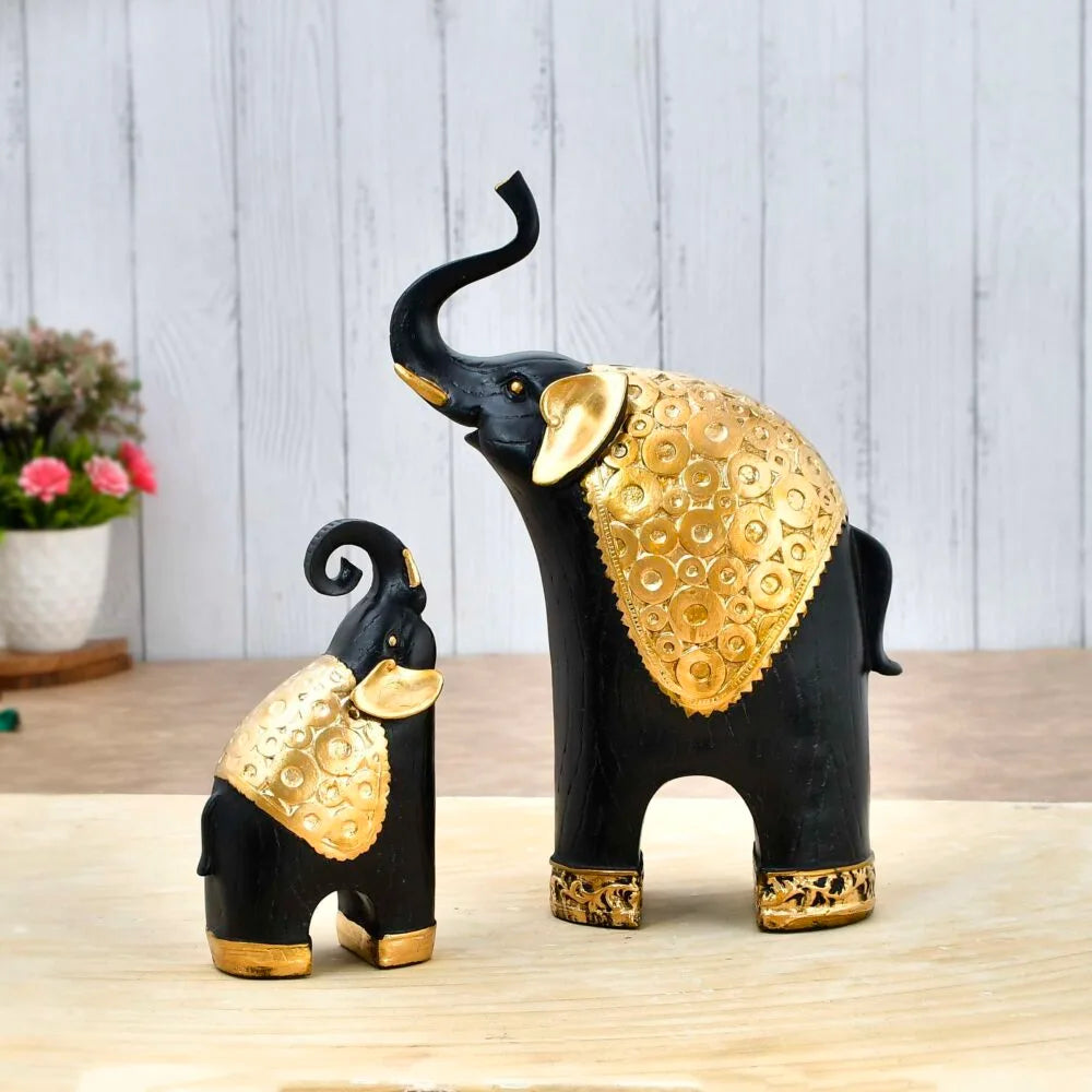 Decorative Elephant Showpiece Set – Wooden Finish with Gold  Detailing for Home & Office