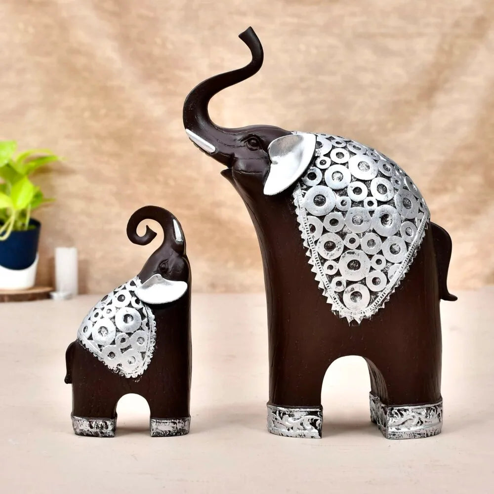 Decorative Elephant Showpiece Set – Wooden Finish with Silver Detailing for Home & Office