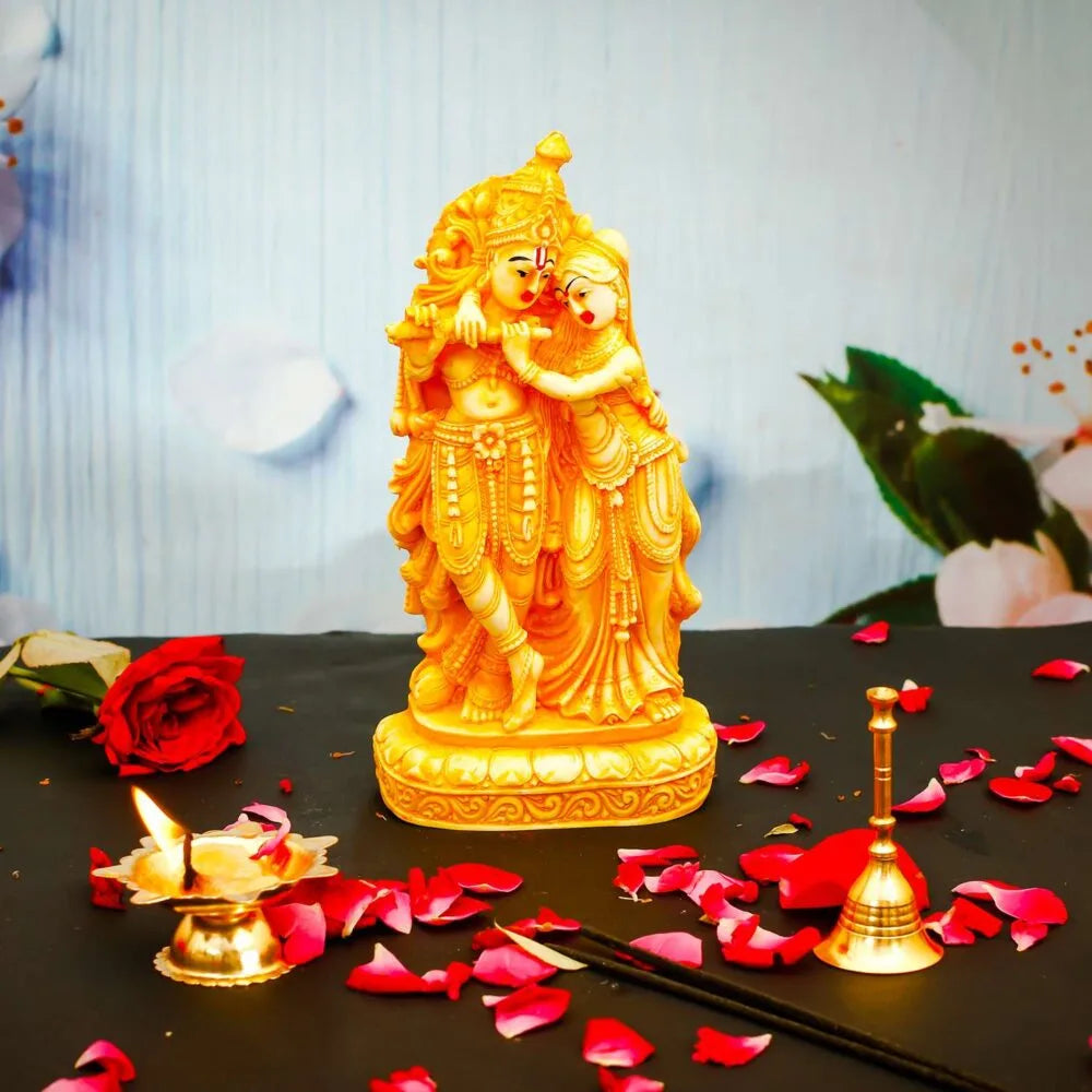 Radha Krishna Idol – Golden Polyresin Statue for Home Temple & Festive Décor